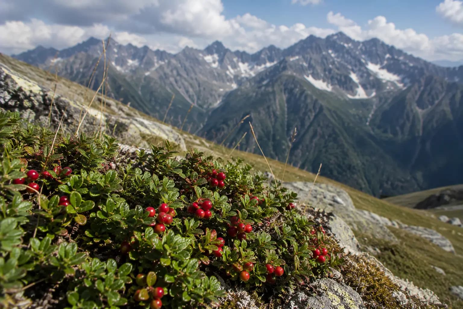 Ripe bilberry and lingonberry on a subalpine meadow