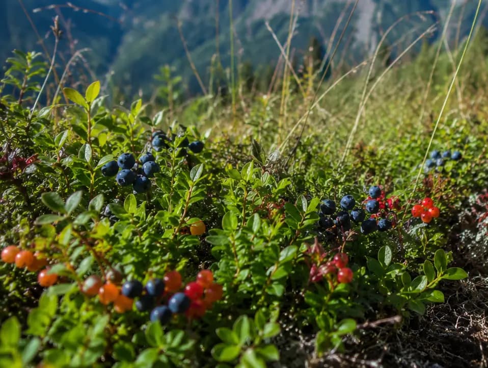 A lingonberry shrub with ripe red berries